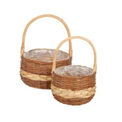 Panier rond en osier bicolore avec anse - lot de 2, petit Ø18 H.14/30 cm et grand Ø24 H.16/36 cm – grossiste en déco saisonnière