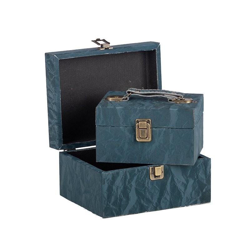 Petite malle rectangulaire en tissu bleu canard - lot de 2, petite 16 x 12 H.9 cm et grande 20 x 16 H.11 cm – déco Noël en gros