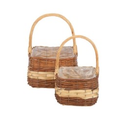 Panier carré en osier bicolore avec anse - lot de 2, petit 17 x 17 H.13/29 cm et grand 24 x 24 H.16/35 cm – déco Noël en gros