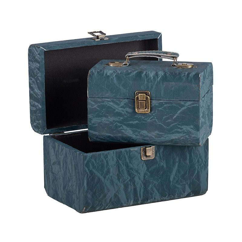 Malle à bords arrondis en tissu bleu canard - lot de 2, petite 20 x 13 H.13 cm et grande 25 x 16 H.16 cm – déco Noël en gros