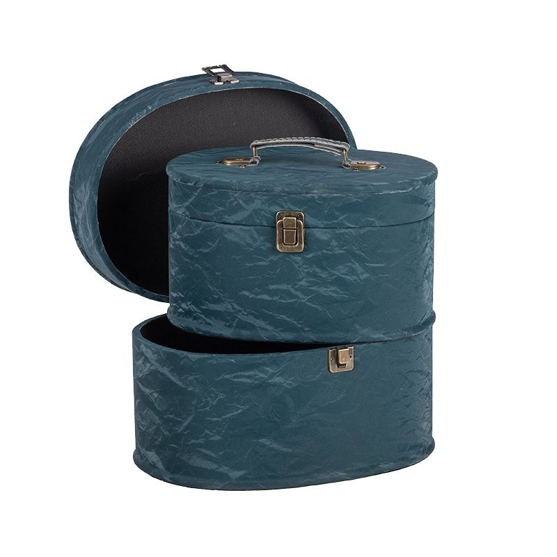Malle ovale à poignée bleu canard - lot de 2, petite 26 x 18 H.15 cm et grande 30 x 23 H.18 cm – déco Noël en gros