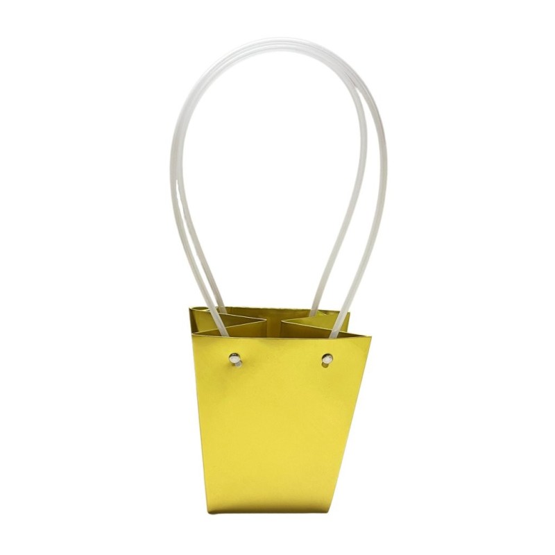 Petit sac en papier or brillant forme trapèze poignées plastique 12 x 12 H.12,5 cm - lot de 10 – grossiste en emballage cadeau