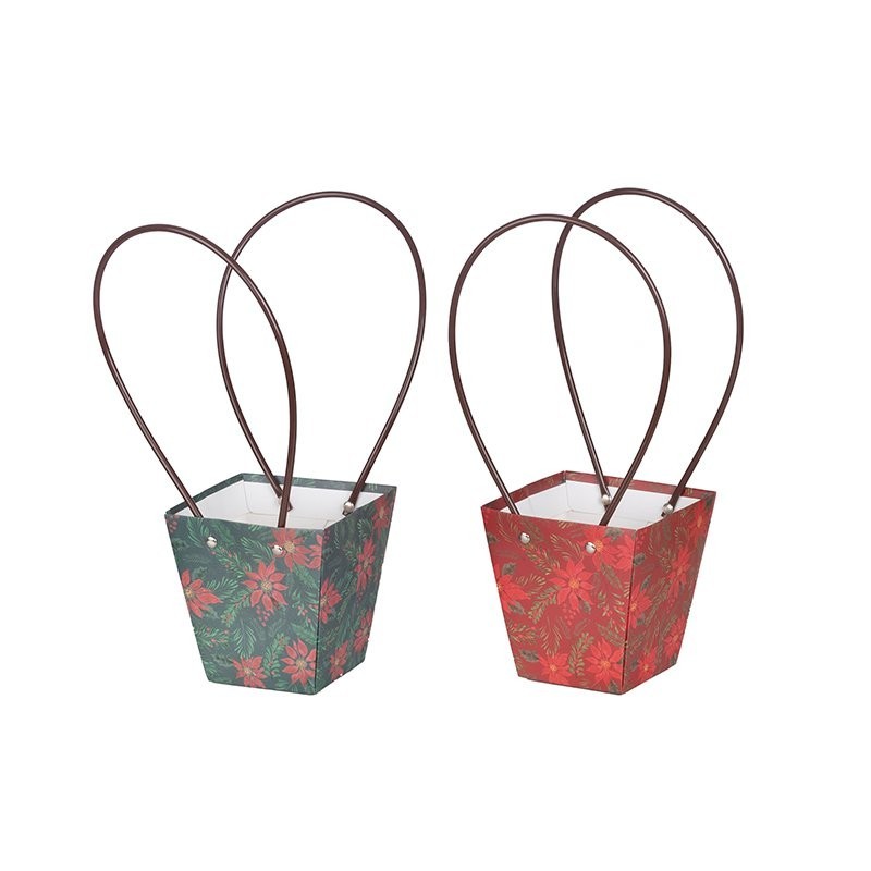 Petit sac en papier motif étoile de Noël avec poignées 12 x 8 H.12,5 cm - lot de 10, 2 couleurs assorties