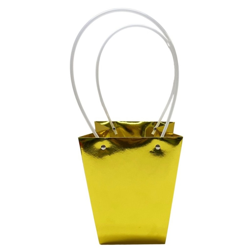 Petit sac en papier or brillant forme trapèze poignées plastique 17 x 17 H.20 cm - lot de 10 – emballage fleurs en gros