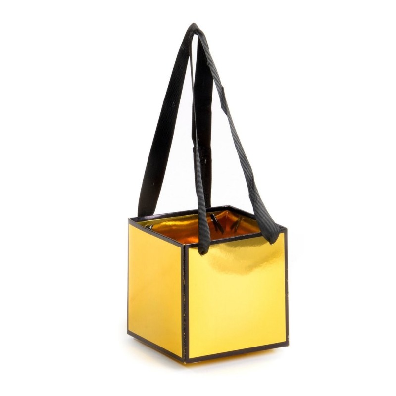 Petit sac cube en papier or brillant liseré noir anses ruban 12 x 12 H.12 cm - lot de 10 – grossiste en emballage cadeau