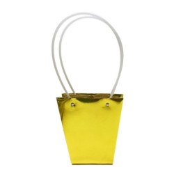 Petit sac en papier or brillant forme trapèze poignées plastique 13 x 13 H.15 cm - lot de 10 – grossiste en emballage fleuriste
