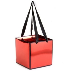 Petit sac cube en papier rouge brillant liseré noir anses ruban 14 x 14 H.14 cm - lot de 10 – emballage fleurs en gros