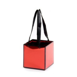 Petit sac cube en papier rouge brillant liseré noir anses ruban 12 x 12 H.12 cm - lot de 10 – grossiste en emballage fleuriste