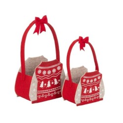 Set de 2 sacs de Noël en feutre motif pull avec anse, petit 13 x 7,5 H.11,5 cm et grand 16,5 x 9 H.14,5 cm