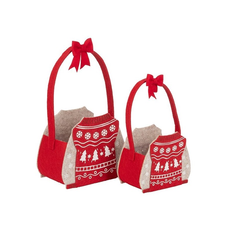 Set de 2 sacs de Noël en feutre motif pull avec anse, petit 13 x 7,5 H.11,5 cm et grand 16,5 x 9 H.14,5 cm