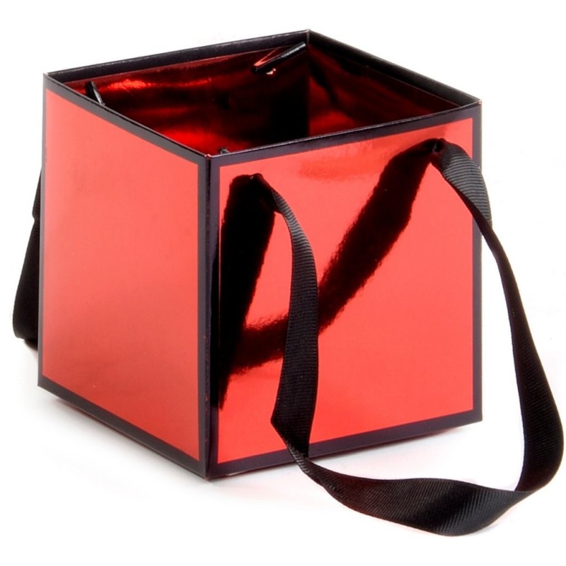 Petit sac cube en papier rouge brillant liseré noir anses ruban 17 x 17 H.17 cm - lot de 10 – grossiste en emballage cadeau