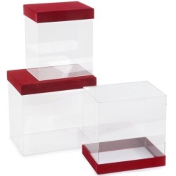 Set de 3 boîtes transparentes velours bordeaux, petite 30 x 22 H.35 cm et grande 40 x 28 H.38 cm – emballage fleurs en gros