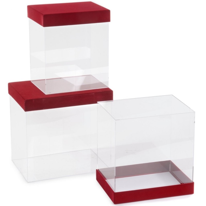 Set de 3 boîtes transparentes velours bordeaux, petite 30 x 22 H.35 cm et grande 40 x 28 H.38 cm – emballage fleurs en gros