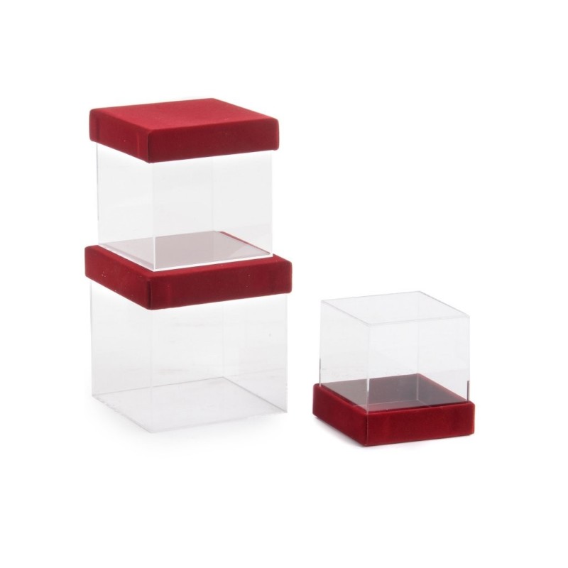 Set de 3 boîtes transparentes velours bordeaux, petite 10 x 10 H.10 cm et grande 13,5 x 13,5 H.13,5 cm