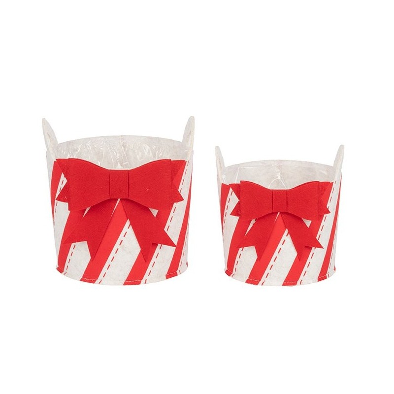 Set de 2 cache-pots de Noël en feutre rayé rouge avec nœud, petit 16 x 15 H.16 cm et grand 18 x 17 H.19 cm – déco Noël en gros