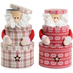 Set de 3 boîtes rondes Père Noël en carton, petite Ø22 H.14,5 cm et grande Ø32 H.20 cm - 2 décors assortis