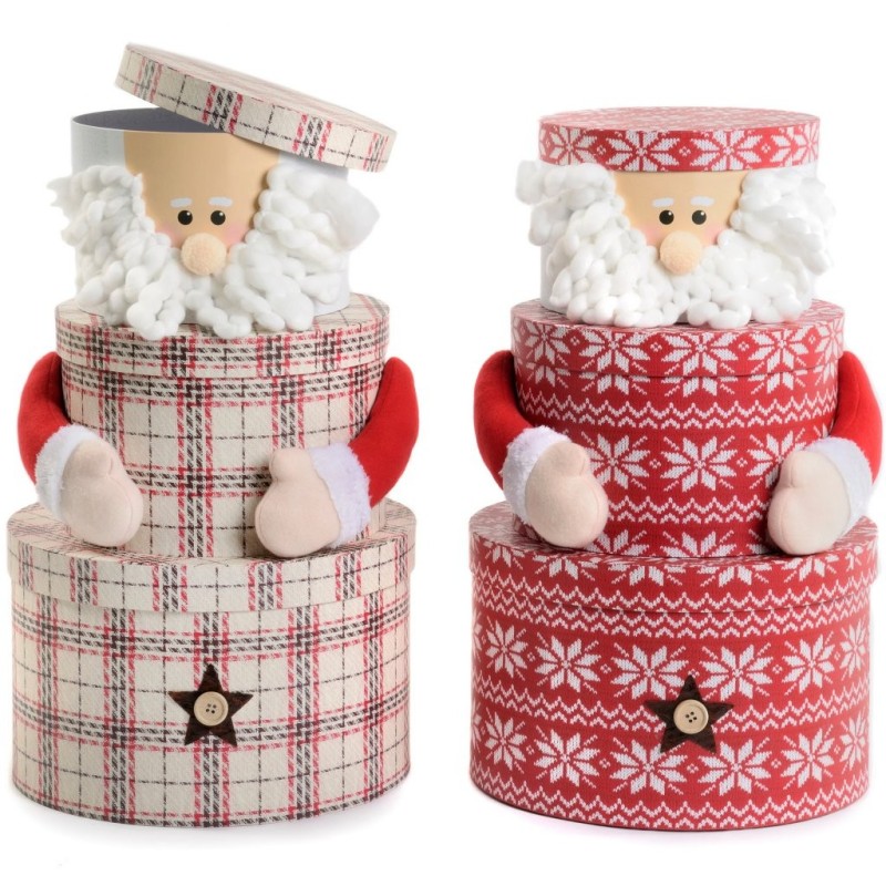Set de 3 boîtes rondes Père Noël en carton, petite Ø22 H.14,5 cm et grande Ø32 H.20 cm - 2 décors assortis