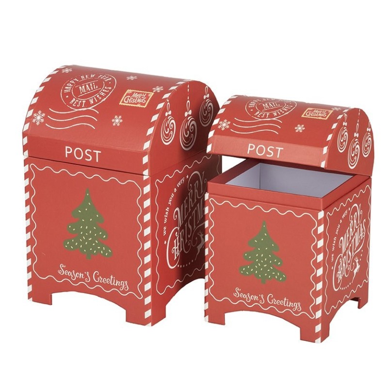 Set de 2 boîtes aux lettres de Noël en carton rouge, petite 11,5 x 11,5 H.18 cm et grande 13 x 13 H.21 cm