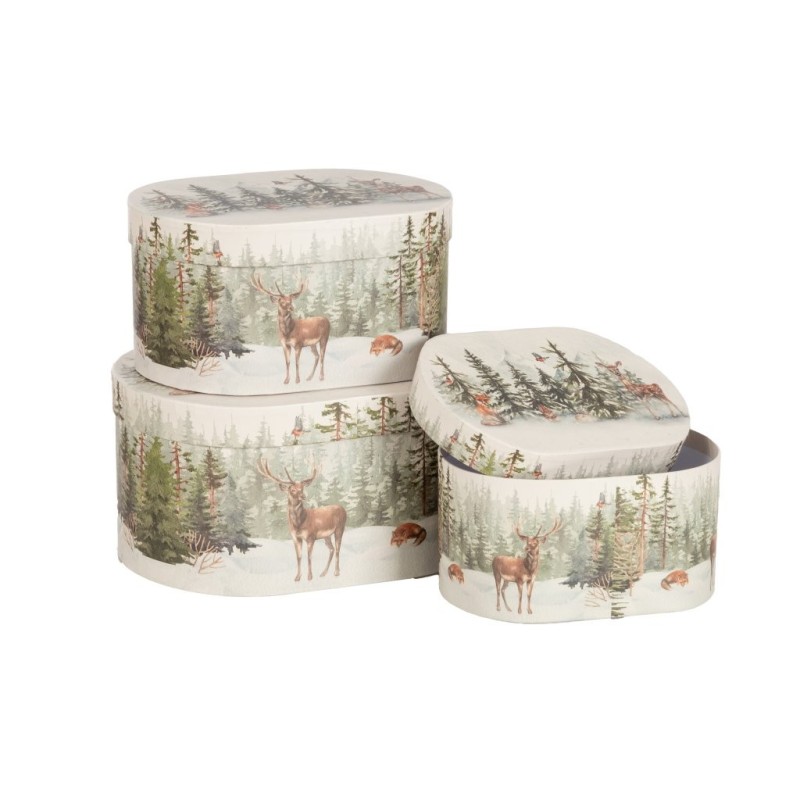 Set de 3 boîtes ovales en carton décor forêt d'hiver, petite 17,5 x 13 H.9 cm et grande 22,5 x 18 H.12 cm