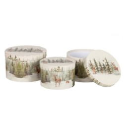 Set de 3 boîtes rondes en carton décor forêt d'hiver, petite Ø16,5 H.11 cm et grande Ø20,5 H.13 cm – emballage fleurs en gros