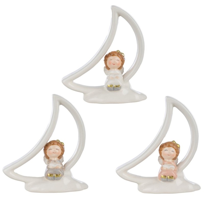 Petit ange sur la lune 11 x 5 H.13 cm - 3 couleurs assorties – décoration de Noël pour vitrine de commerçant, vente en gros