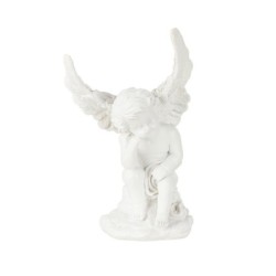 Ange pensif assis aux grandes ailes blanc 15 x 8,5 H.28 cm – décoration de Noël pour vitrine de commerçant, vente en gros