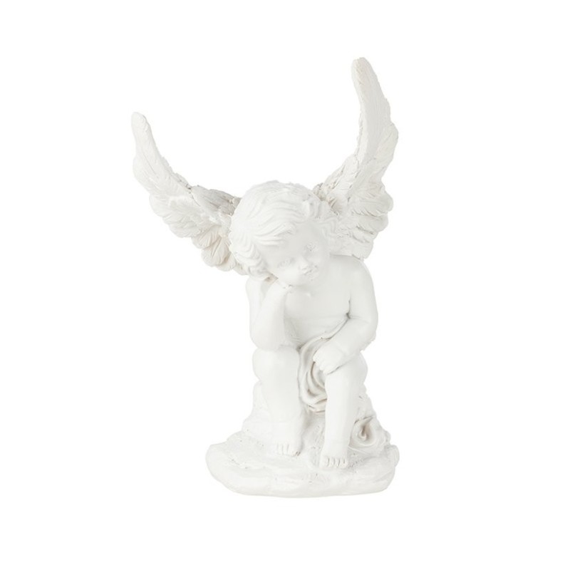 Ange pensif assis aux grandes ailes blanc 15 x 8,5 H.28 cm – décoration de Noël pour vitrine de commerçant, vente en gros
