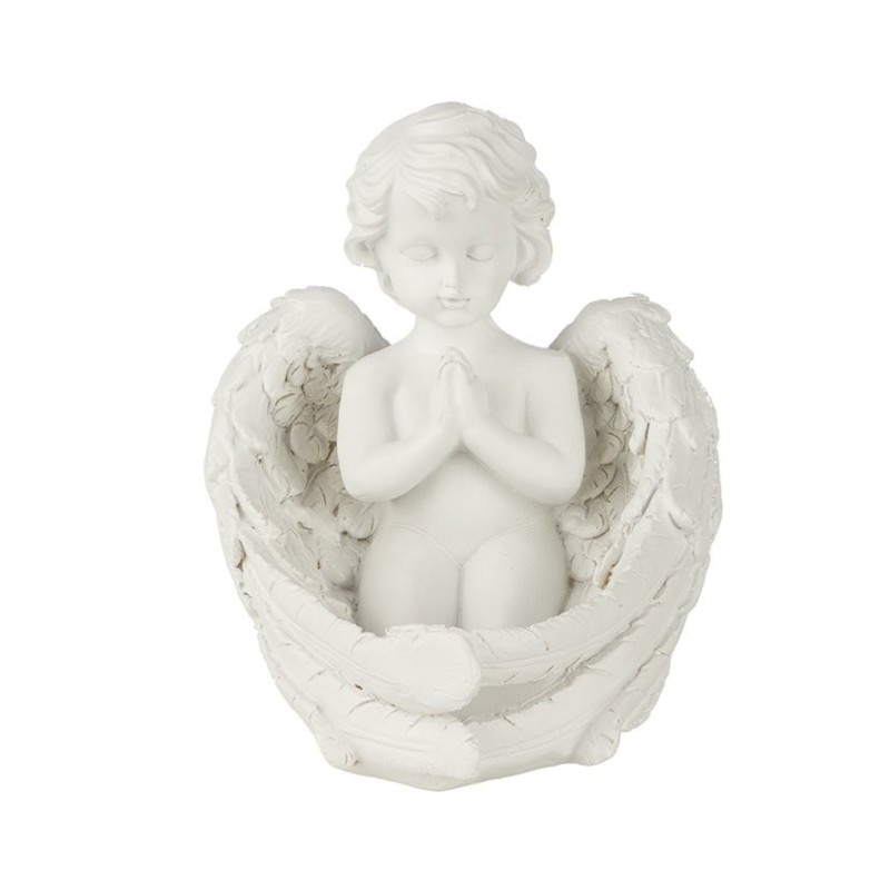 Ange à genoux enveloppé dans ses ailes blanc 13,5 x 14 H.16 cm – grossiste en déco de Noël