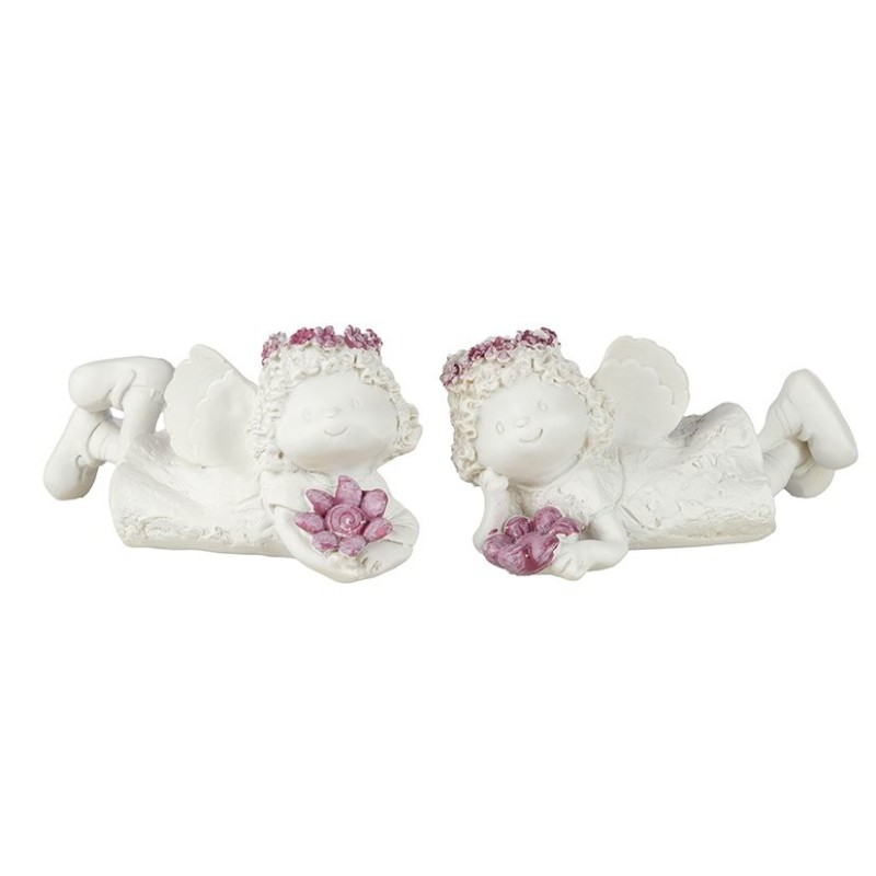 Ange couché avec fleurs blanc et rose 15 x 8 H.8 cm - 2 décors assortis – grossiste en déco saisonnière