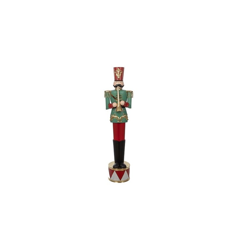 Soldat de Noël à la trompette en métal vert 31 x 28 H.122,5 cm – décoration de Noël pour vitrine de commerçant, vente en gros