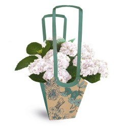 Sac Aqua Birdy vert foncé motif fleurs et oiseaux avec hortensia, grossiste en emballage fleuriste