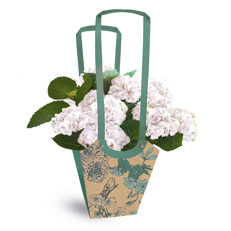 Sac Aqua Birdy vert foncé motif fleurs et oiseaux avec hortensia, grossiste en emballage fleuriste
