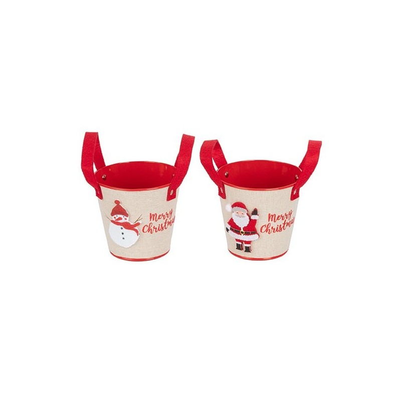 Cache-pot de Noël à anses en métal Père Noël et bonhomme de neige Ø13 H.12 cm - 2 décors assortis – décoration de Noël en gros