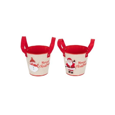 Cache-pot de Noël à anses en métal Père Noël et bonhomme de neige Ø13 H.12 cm - 2 décors assortis – décoration de Noël en gros