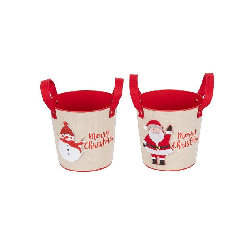 Cache-pot de Noël à anses en métal Père Noël et bonhomme de neige Ø17 H.16 cm - 2 décors assortis – décoration de Noël en gros