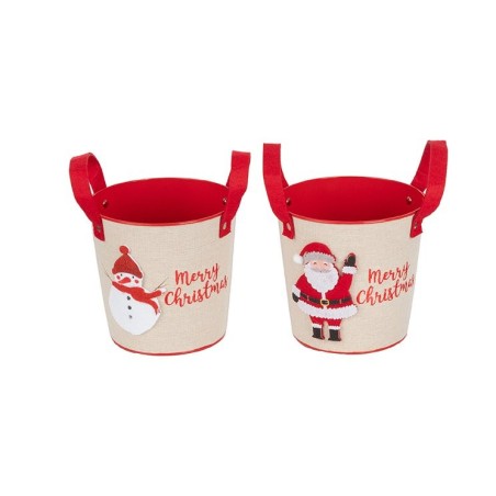 Cache-pot de Noël à anses en métal Père Noël et bonhomme de neige Ø17 H.16 cm - 2 décors assortis – décoration de Noël en gros