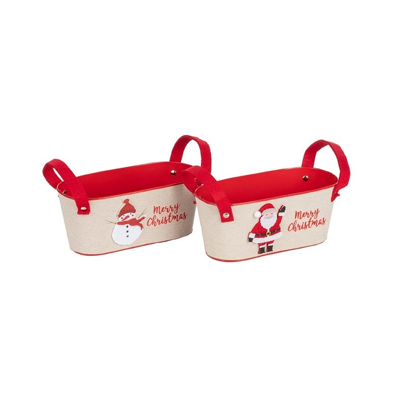 Bac ovale de Noël à anses en métal Père Noël et bonhomme de neige 23 x 11 H.9,5 cm - 2 décors assortis – déco Noël en gros