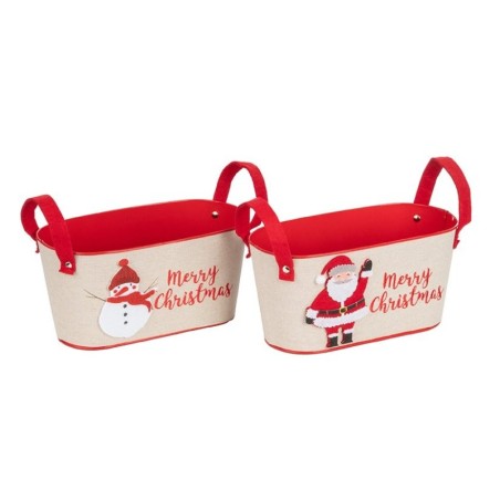 Bac ovale de Noël à anses en métal Père Noël et bonhomme de neige 27 x 14 H.13 cm - 2 décors assortis – déco Noël en gros
