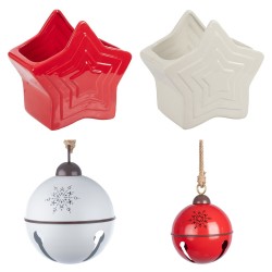 Box Noël rouge et blanc : cache-pots étoiles en dolomite et boules grelots géantes en métal, grossiste en décoration de Noël
