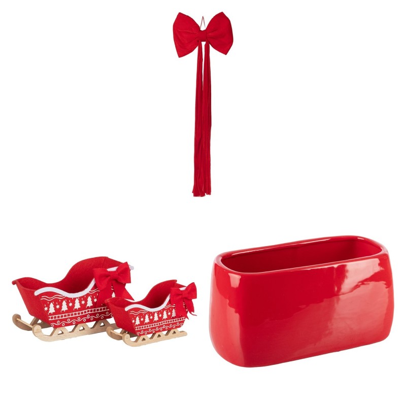 Box Noël rouge : jardinières rouges, luges de Noël en feutre et nœuds géants en velours, grossiste en décoration de Noël
