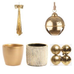 Box Noël en or : cache-pots dorés, boules de Noël or, nœuds géants et boules grelots, grossiste en décoration de Noël