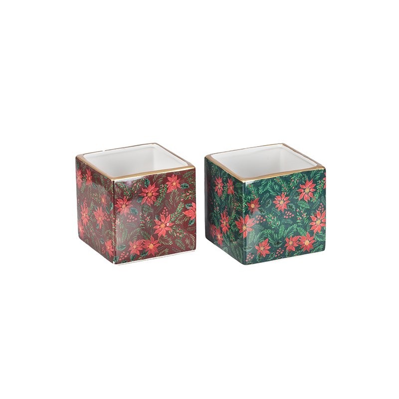 Cache-pot cube étoiles de Noël 8 x 8 H.8 cm bordeaux ou vert  grossiste en cache-pots de Noël