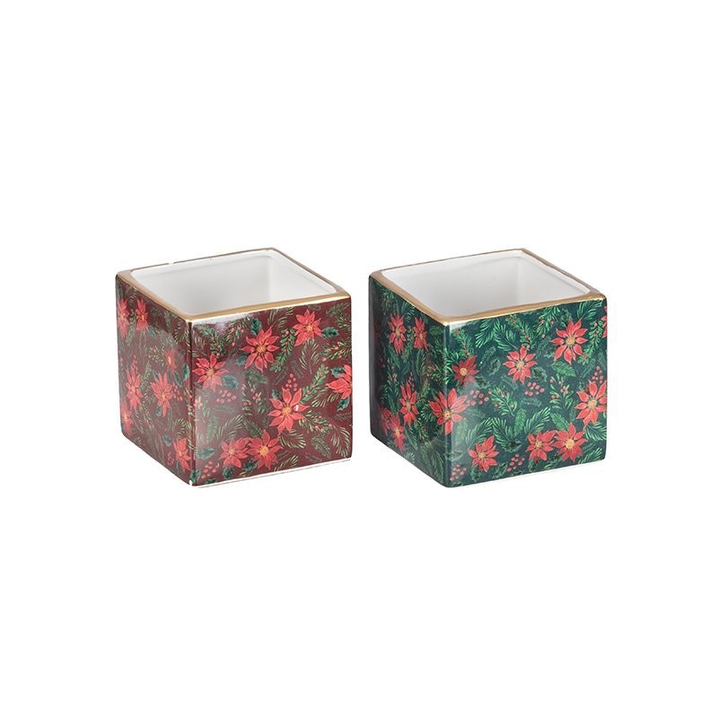 Cache-pot cube étoiles de Noël 10 x 10 H.10 cm bordeaux ou vert  grossiste en cache-pots de Noël