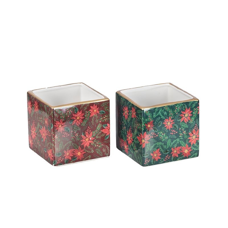 Cache-pot cube étoiles de Noël 12 x 12 H.12 cm bordeaux ou vert  grossiste en cache-pots de Noël