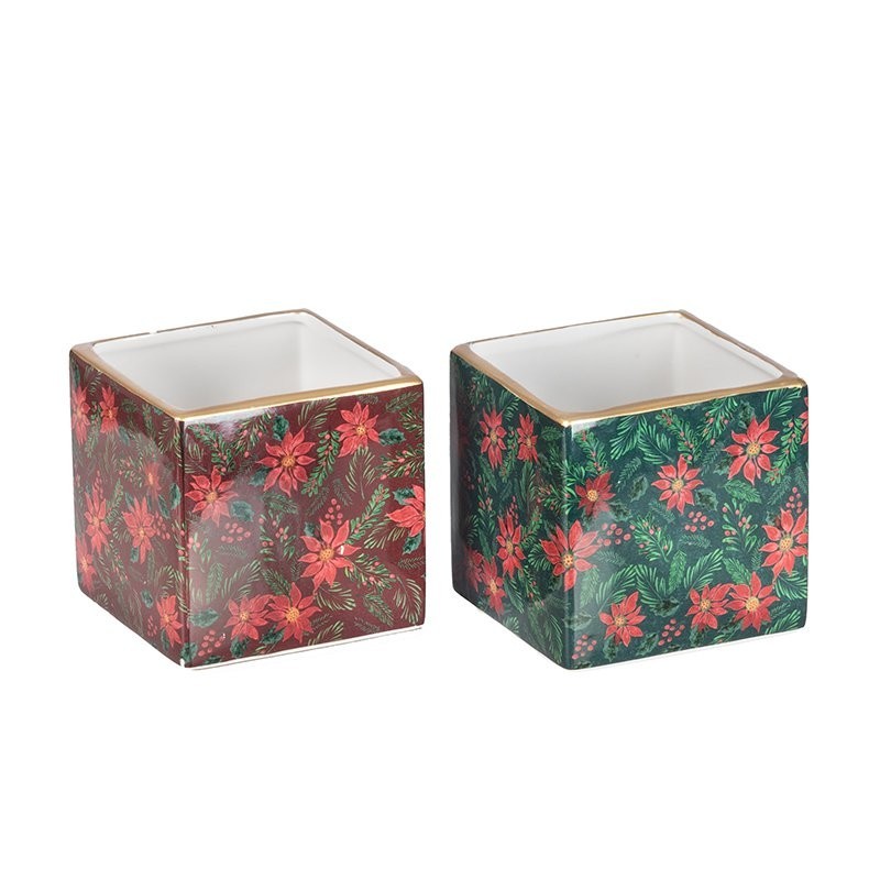 Cache-pot cube étoiles de Noël 14 x 14 H.14 cm bordeaux ou vert  grossiste en cache-pots de Noël