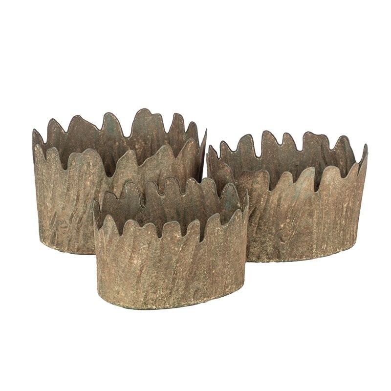 Lot de 3 cache-pots ovales en métal bord ondulé  effet écorce - grossiste en cache-pots pour fleuristes