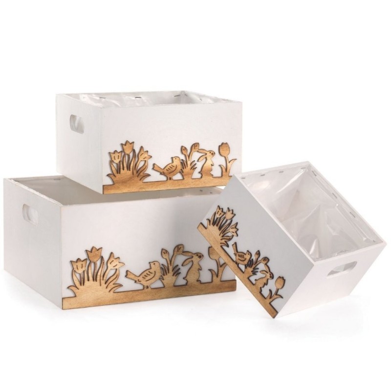 Lot de 3 caisses carrées en bois blanc décor lapins - grossiste en contenants en bois pour fleuristes