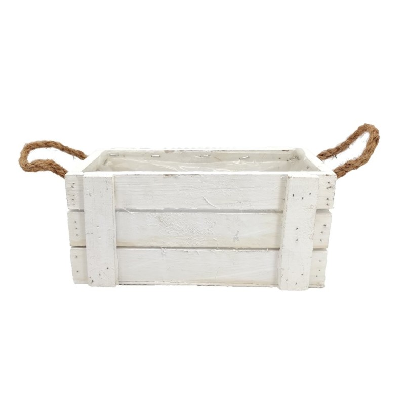 Caisse en bois épais blanc à poignées en corde 27 x 15 H.12 cm - grossiste en contenants en bois