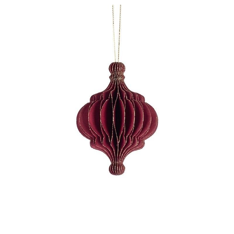 Boule de Noël plissée forme bulbe bordeaux Ø7 H.10 cm  liseré doré - grossiste en boules de Noël pour fleuristes