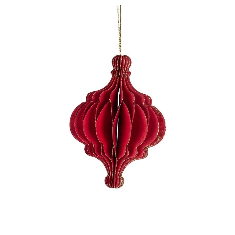 Boule de Noël plissée forme bulbe rouge Ø7 H.10 cm  liseré doré - grossiste en boules de Noël pour fleuristes